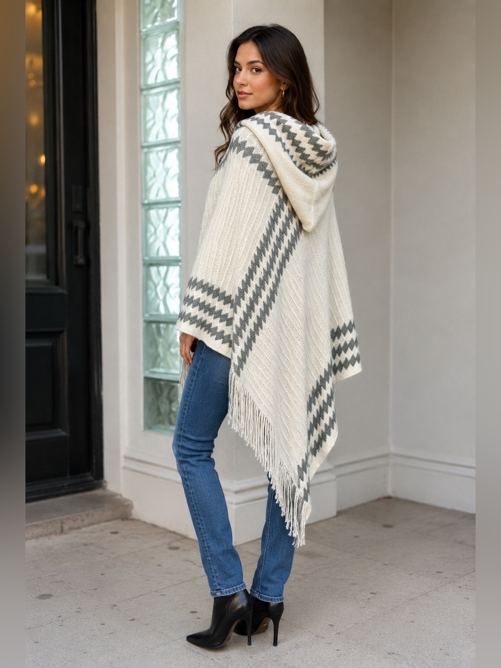 Chevron Patterned Boho Festival Hooded Poncho with Fringe in Ivory and Gray